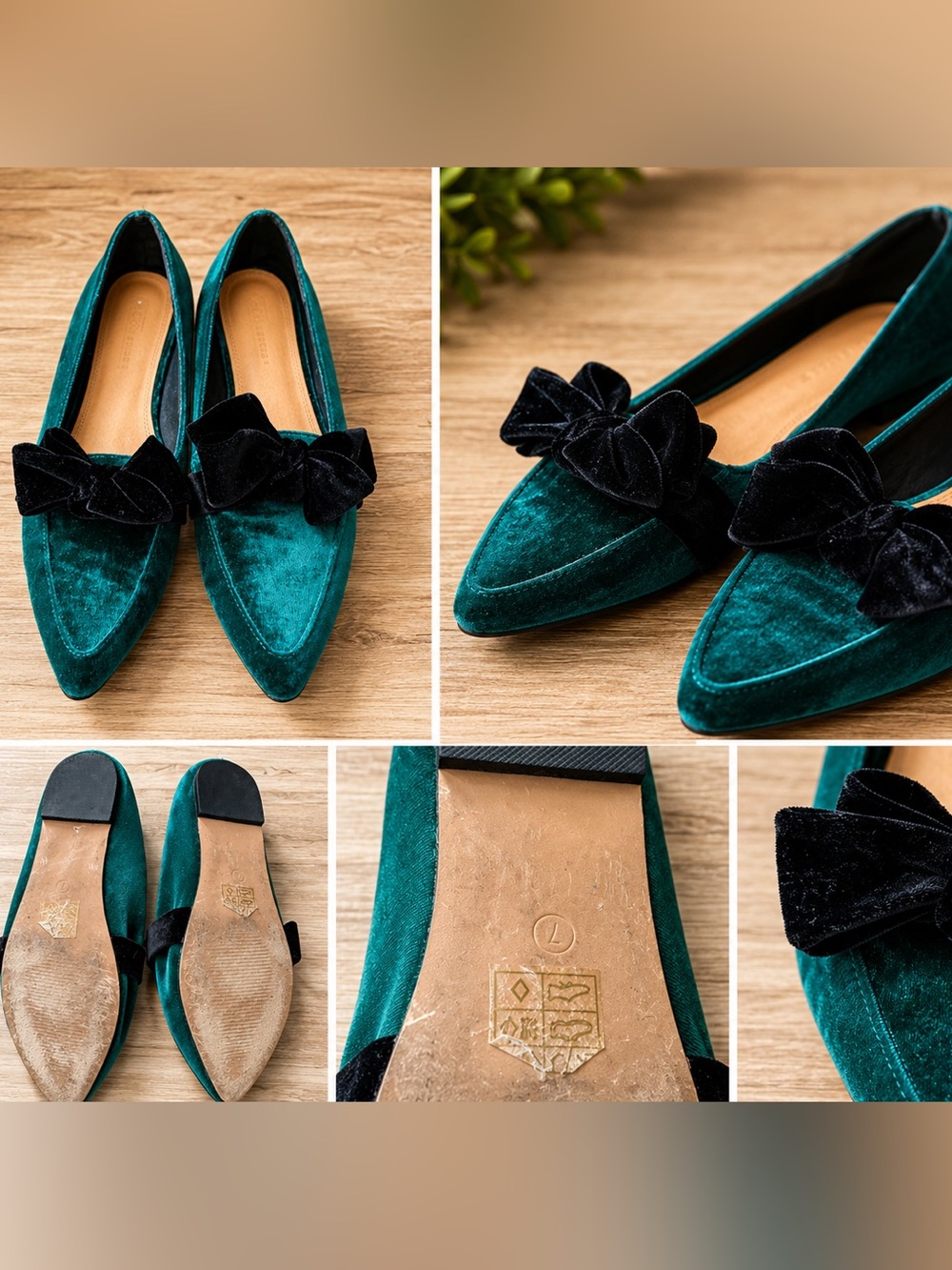 Green Velvet Pointed Toe Flats with Black Bow